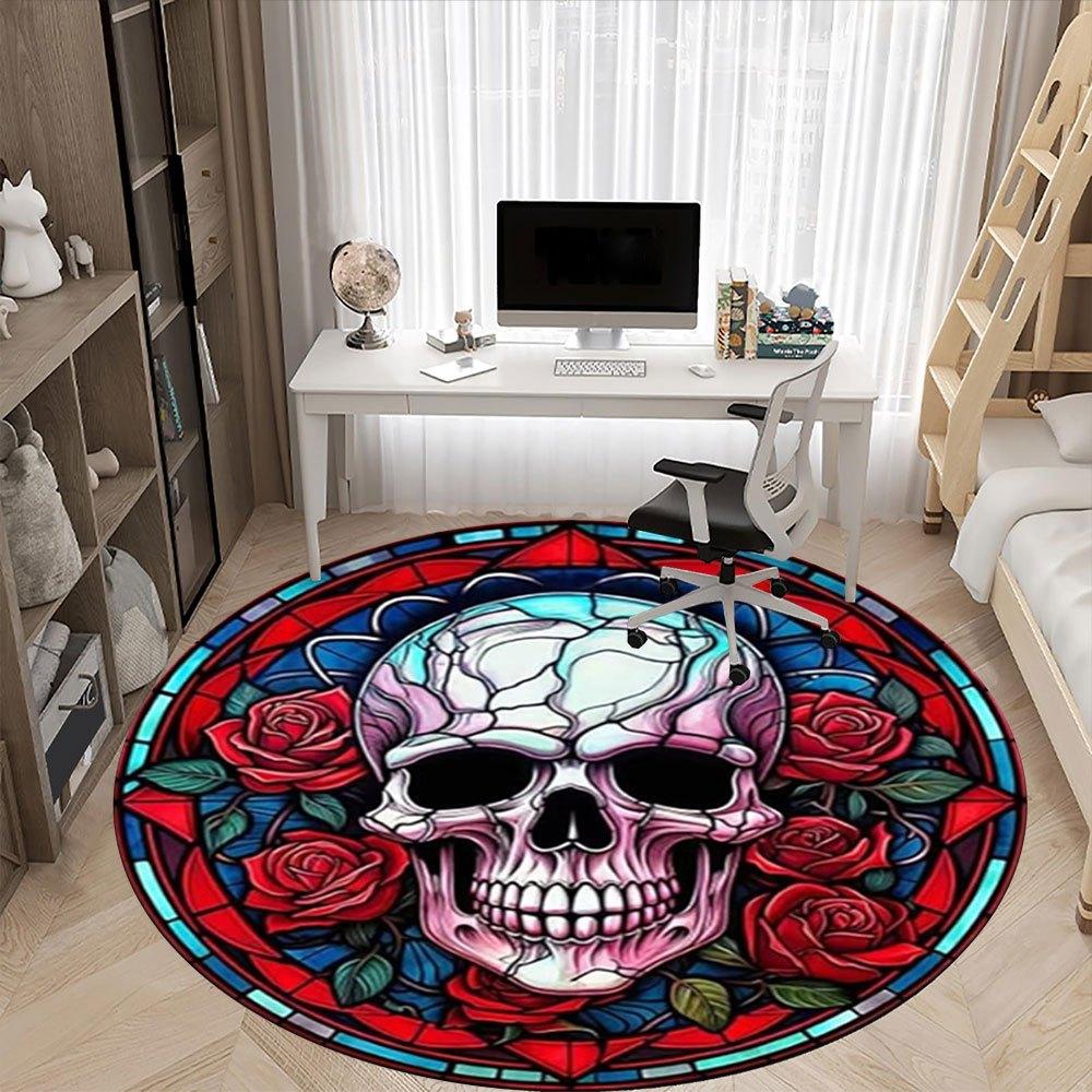 Stained Glass Skull with Roses Wall Art DecorRound Non-Slip Chair Mat Chair Carpet for Office Rugs for Office Decor Gift For Valentine's Day Mother's