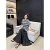 DIMANAF 2026 Summer New Plus Size Women Long Dress Striped Cotton V-Neck Short Sleeve Lady Shirts Dress