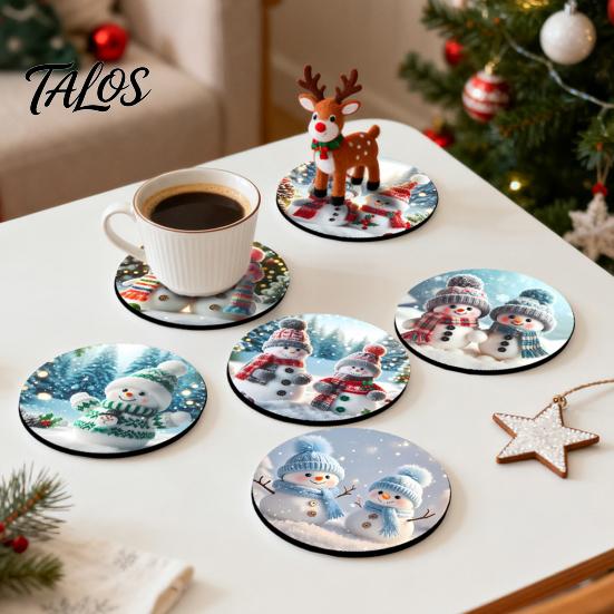 Rutschfeste Holzmatten 4/6 Stück Weihnachts-Tier-Untersetzer, Festliche Karomuster-Blumen-Runde Getränkebecher-Untersetzer Matten, Tischdekorationen für Zuhause Büro
