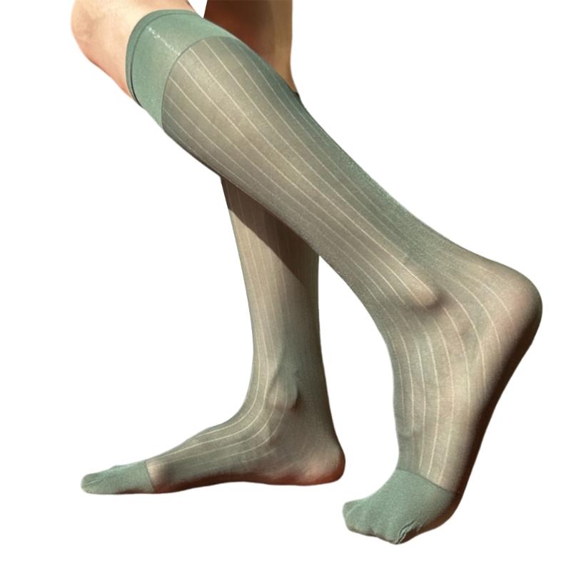 Mens Nylon Sheer Suit Socks Business Dress Socks Elastic Wide Striped See Through Formal Dress Over the Calf Stockings