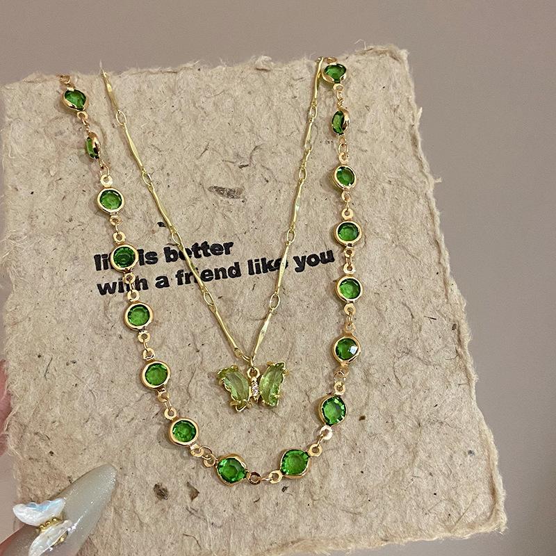 Korean Fashion Double layered Green Butterfly Necklace For Women Elegant Zircon Butterfly Pendant Choker Chain Girls Jewelry 1pcs