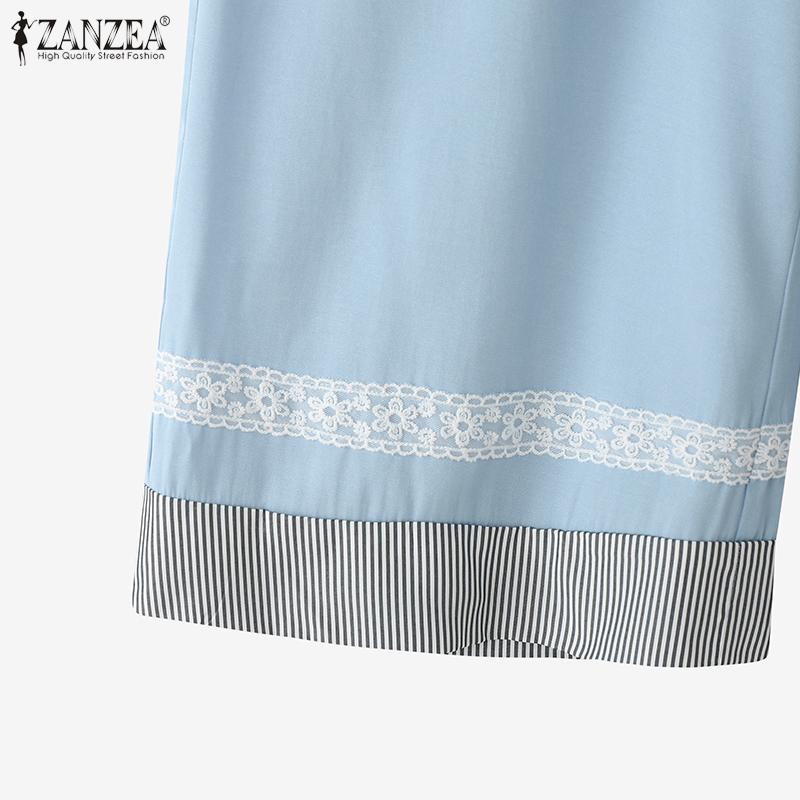 ZANZEA Women Casual Elastic Waist Loose Stripe Splice Cropped Pants