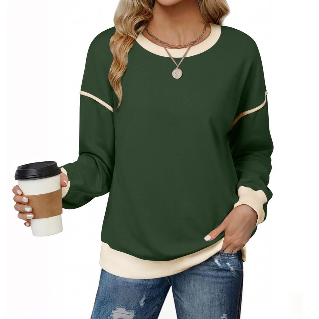 Women's Fashionable Round-Neck Wool Blend Long-Sleeve Color-Blocked Oversized Top