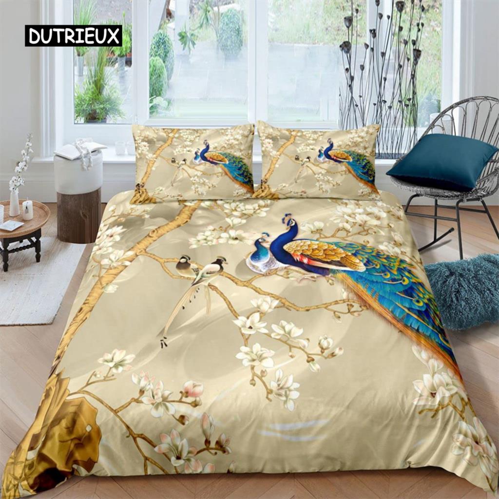 Luxury Pink Peacock Duvet Cover Floral Bedding Set Retro Peacock Feather Theme Comforter Cover for Bedroom