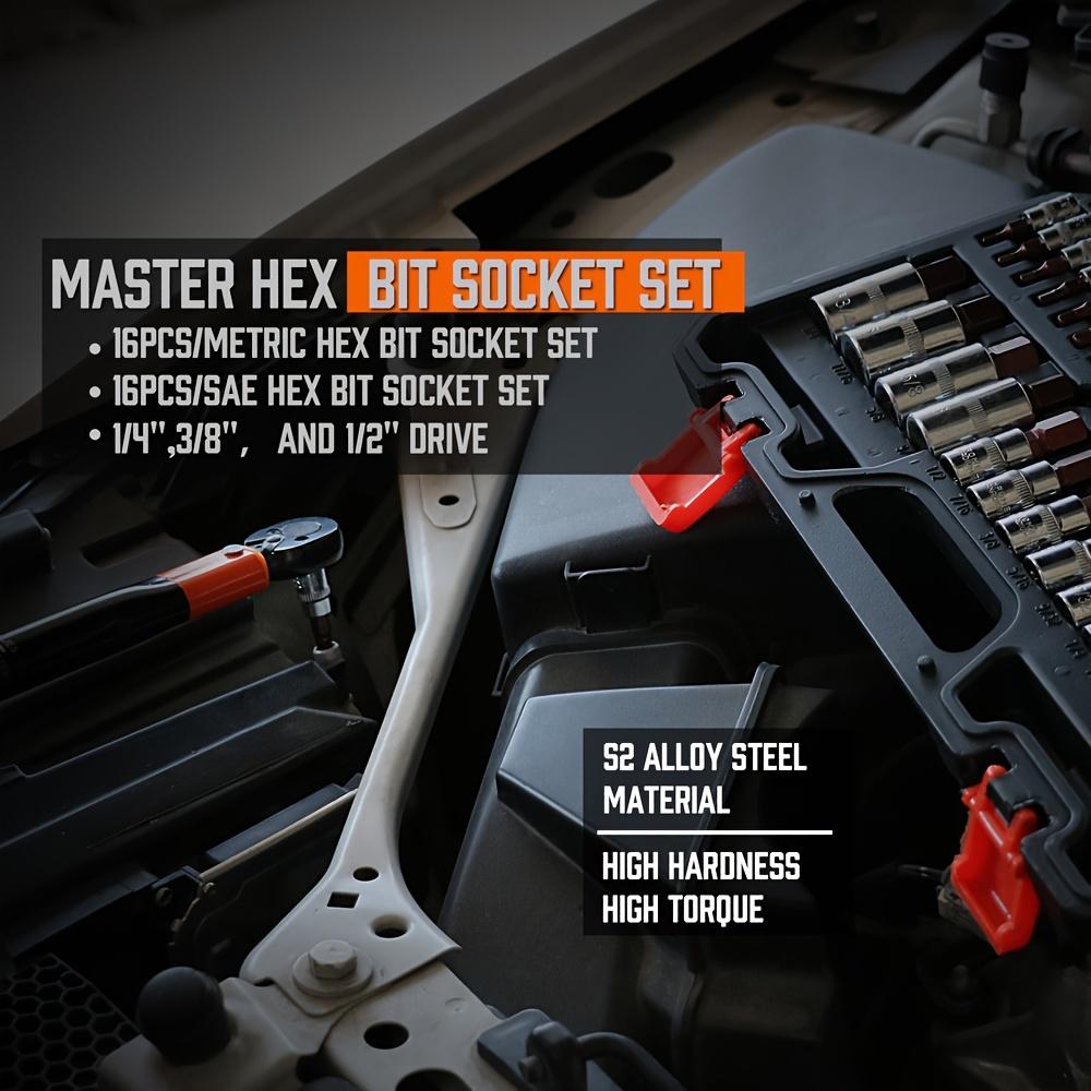 HORUSDY Allen Socket Set | 32pcs Hex Bit Socket Set | S2 Steel Socket | SAE And Metric | 1/4", 3/8", & 1/2" Drives