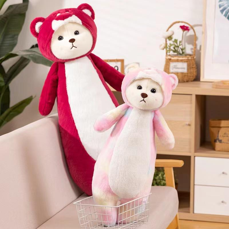 Colorful bear turned strawberry bear long plush throw pillow sofa cushion girls bed sleeping leg pillow bedside pillow