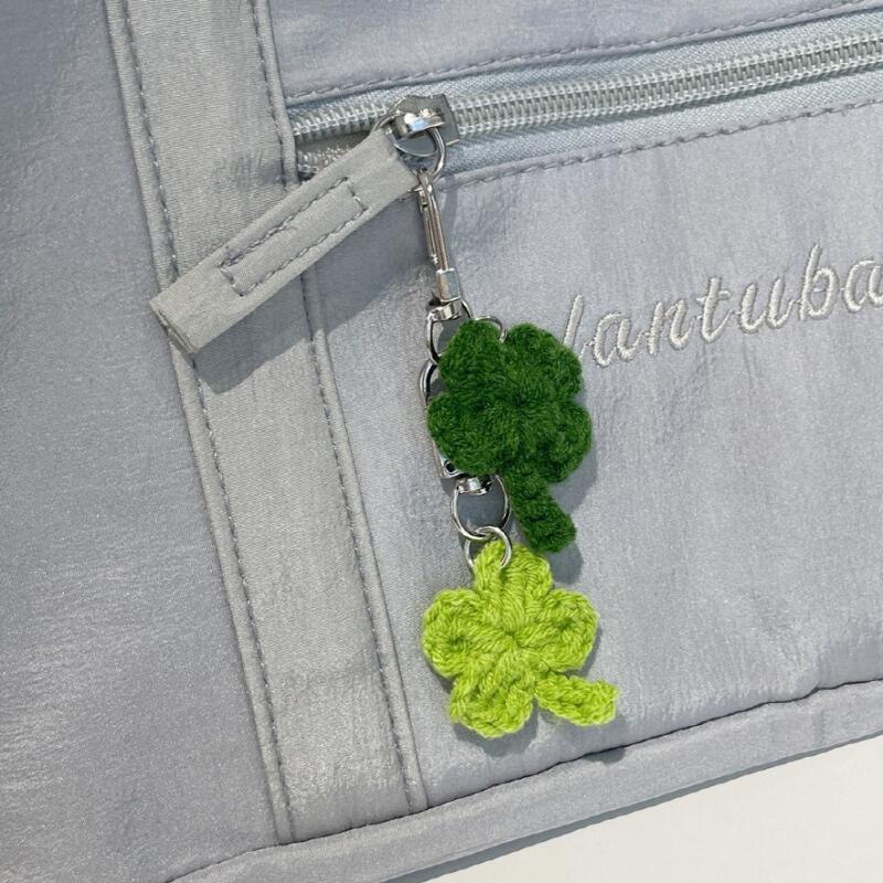 Four-leaf clover keychain handmade knitted key ring Green