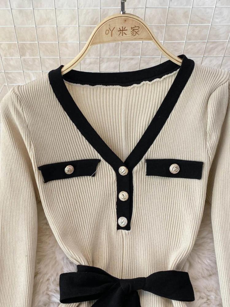 Autumn Elegant Knitting V-neck Long Sleeve Dress Women Fashion Retro Lace Up Bow Dresses Female France Warm Thin Slim Knit Dress New