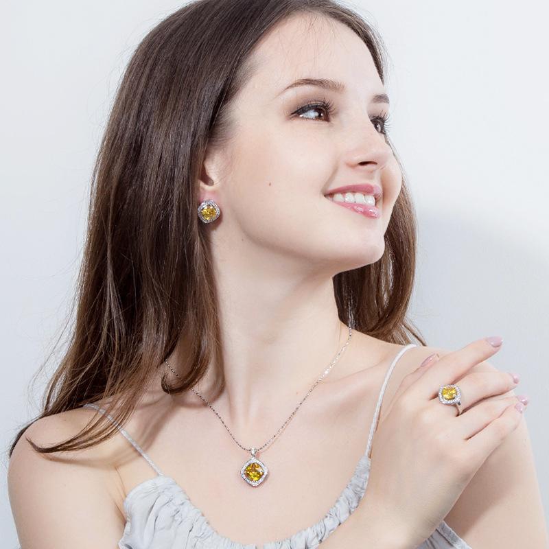 Simple Three-Piece Set Of Micro-Inlaid Zircon Square Earrings, Pendant, Ring Set Chain.