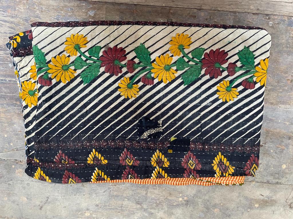 Handmade Kantha Quilt: Floral & Striped Bohemian Bedspread