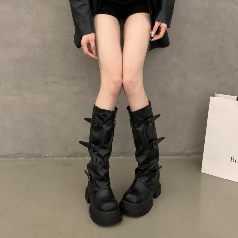 Vintage Platform Thick Sole Woman Knight High Boots Fashion Belt Buckle Long Booties Botas De Inverno Feminina