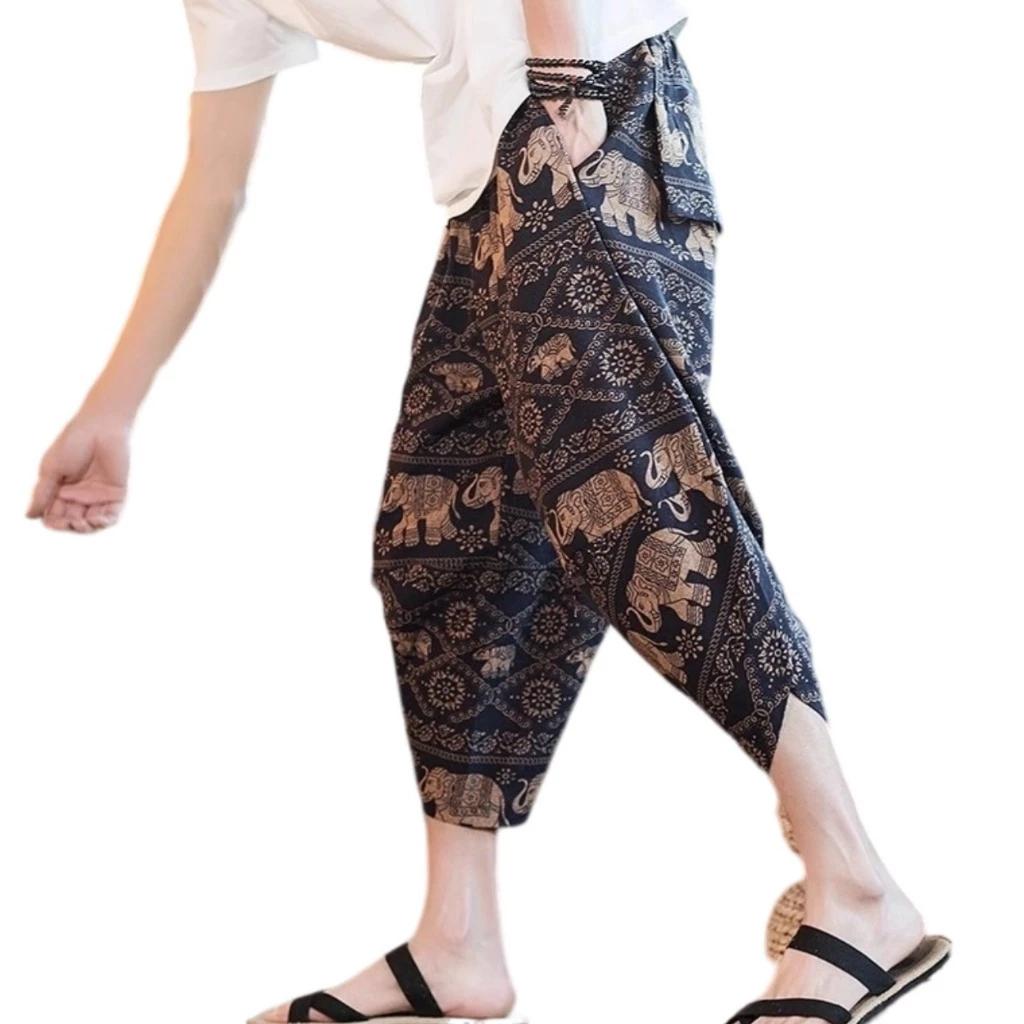 Spodnie Słonie Capri Rybaczki Regulowany Elastyczny Pasek Pasek Kobiety Mężczyźni Unisex Nadruk Tajlandia Casual Streetwear Plaża Lato Bohema Retro Vintage