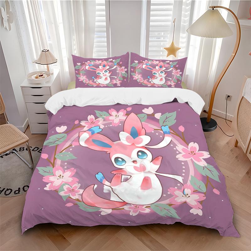 3pcs Sylveon Bedding Set - Includes 1 Quilt Cover and 2 Pillowcases, Comfortable Bedding with Stylish Design for Bedroom, Machine Washable -