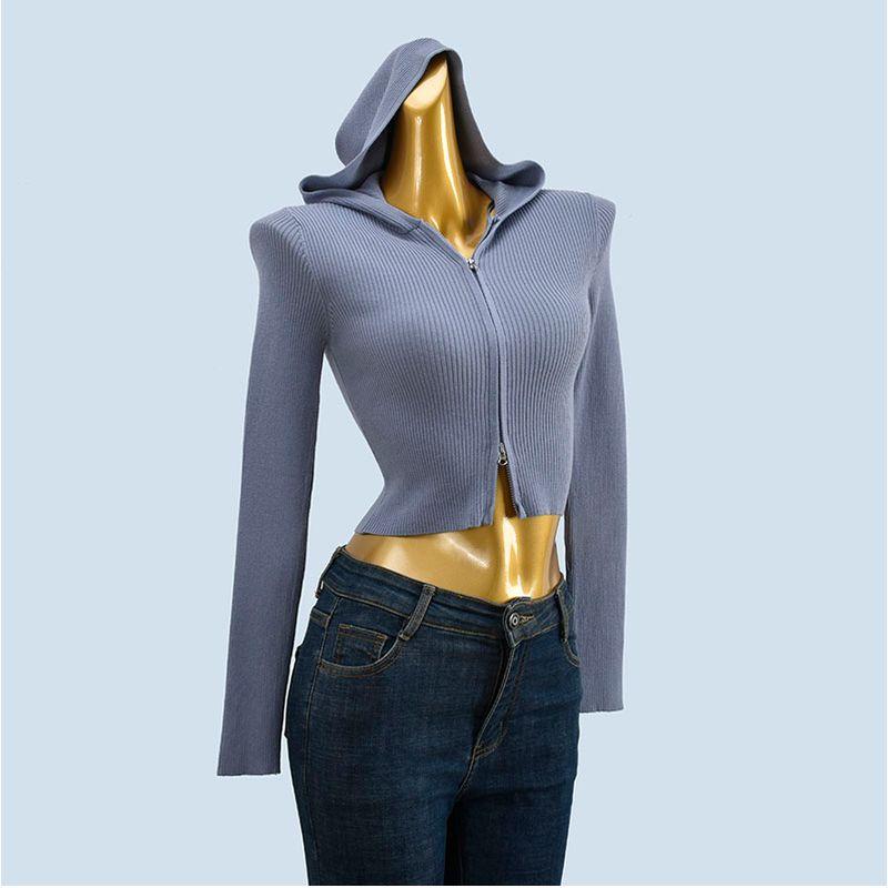 Export Yuan Single and Double Zipper Short Slim-Fit Knitted Cardigan Sweater Women's Spring and Autumn Stylish Trendy Long Sleeve Top