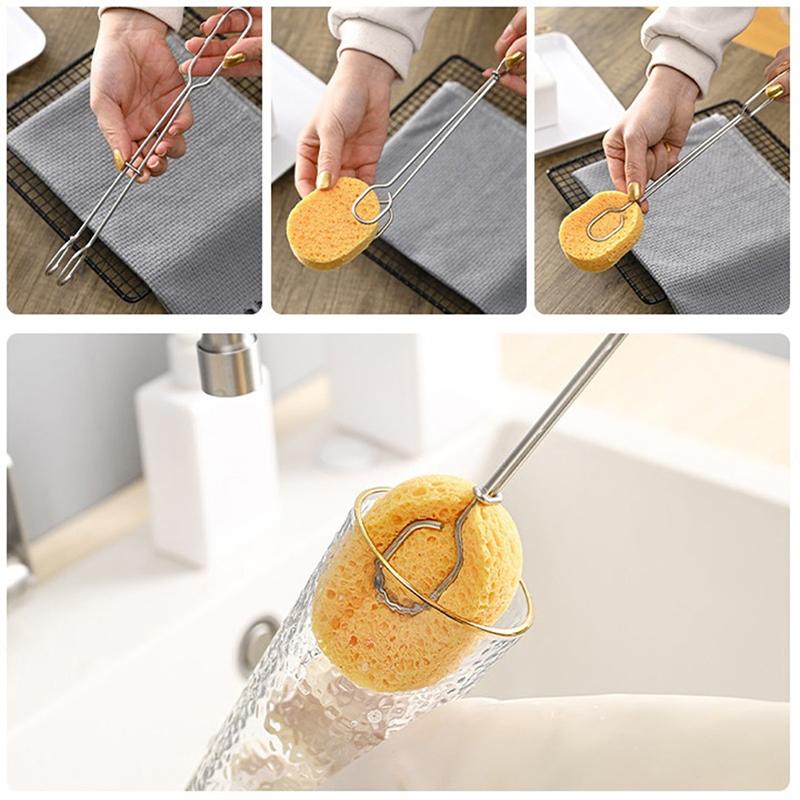 Sponge Clip Bottle Brushes Cup Scrubber Long Stainless Steel Handle Wineglass Cleaner Replaceable Head Kitchen Cleaning Tools