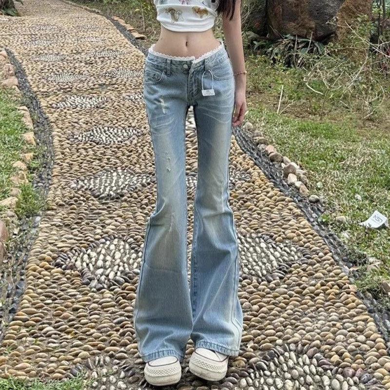 Women s Plus Size Low-Rise Ripped Patchwork Lace Jeans - Light Wash, Bootcut Flare Long Pants 4XL