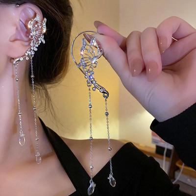 Elegant Rhinestone Flower & Water Drop Tassel Earrings - High-End Fashion Ear Cuffs