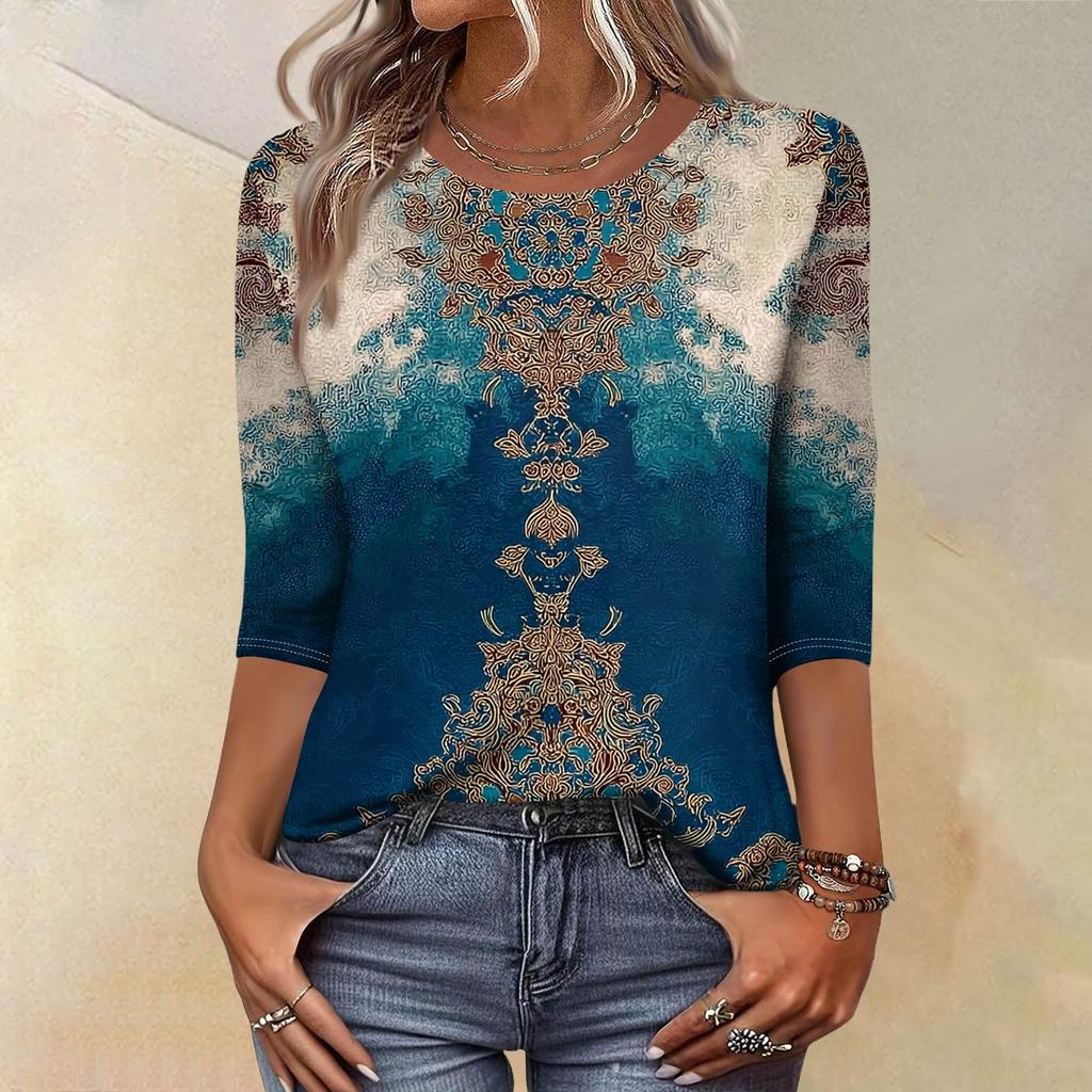Módní vintage top s 3/4 rukávem pro ženy, dámská ležérní halenka s tříčtvrtečním rukávem a kulatým výstřihem s potiskem