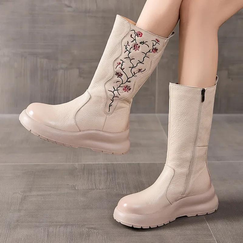 Fashion 5CM Luxury Design Women Mid Calf Boots Winter Thick Sole Wedges National Style Embroidery Warm Genuine Leather Long Boots