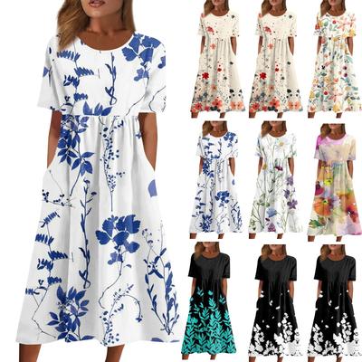 Dámske Boho kvetinové splývavé midi šaty ležérne voľné letné plážové šaty s krátkym rukávom a vreckami