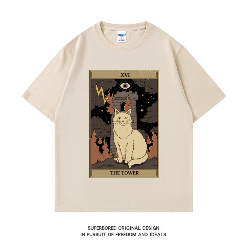 

220GSM Heavyweight T-shirt 100% Cotton T Shirt The Tower Print Men Causal O-neck Basic Male Tops Tee