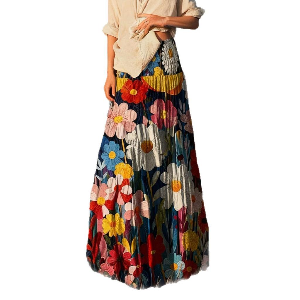 European & American Women's Floral Bohemian Half Skirt with Wide Hem & Elastic Waist