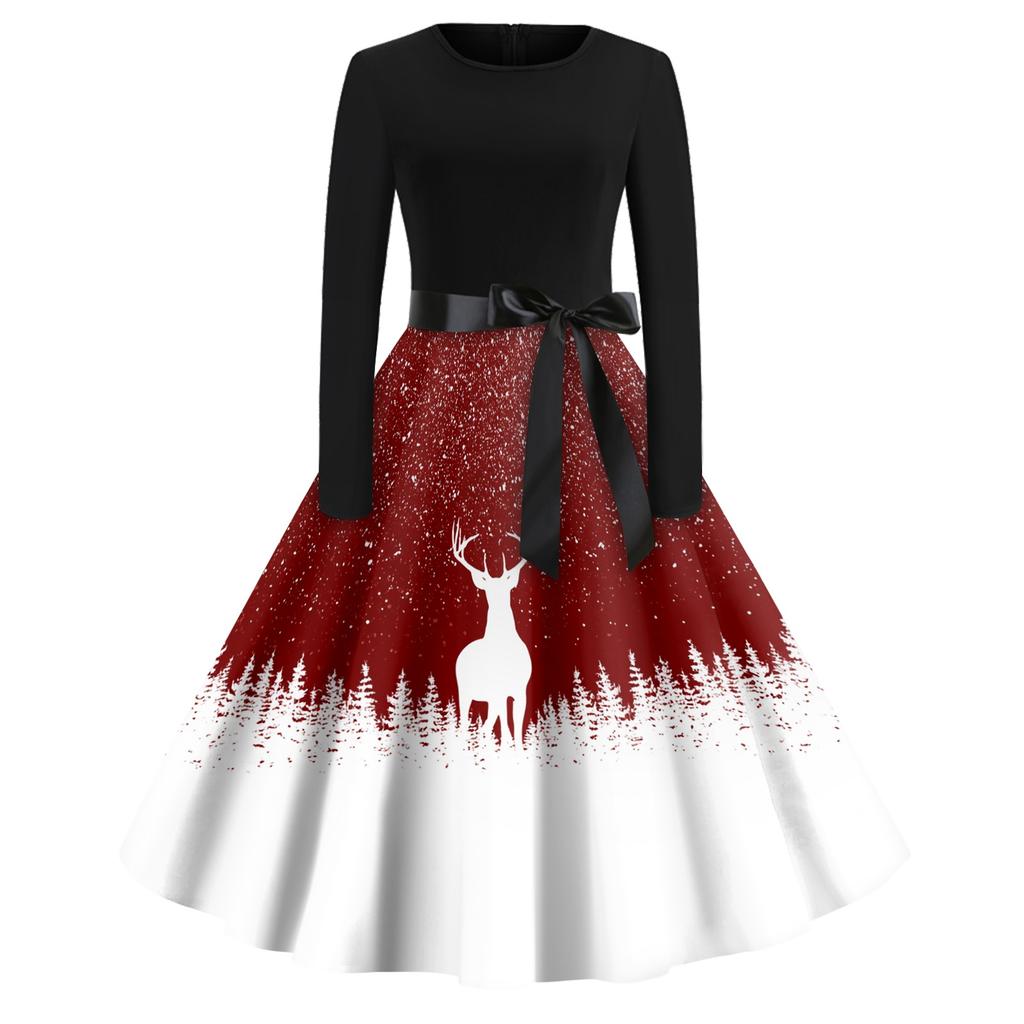 Women's Vintage V-Neck Christmas Print Casual Dress for Holiday Party