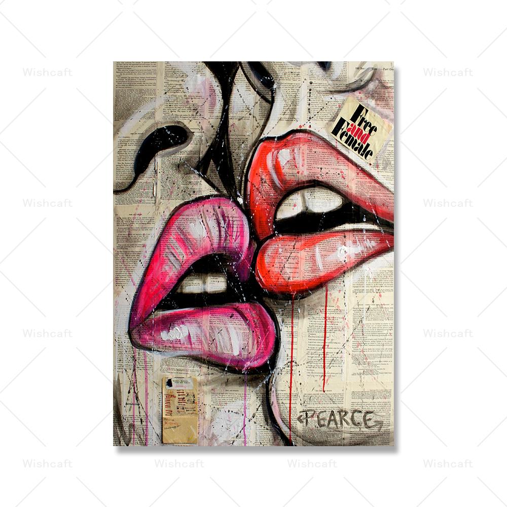 Modern Street Graffiti Wall Art Pictures Sexy Girls Kiss Embrace Print Canvas Painting Pearce Gesture Poster Bar Club Decor