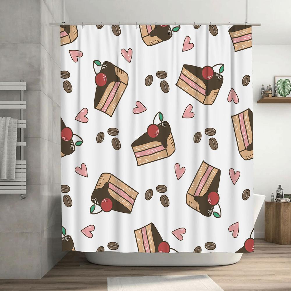 Vintage Cake Slice Shower Curtain with Cherry and Coffee Beans Print Waterproof Fabric for Bathroom Decor (White)