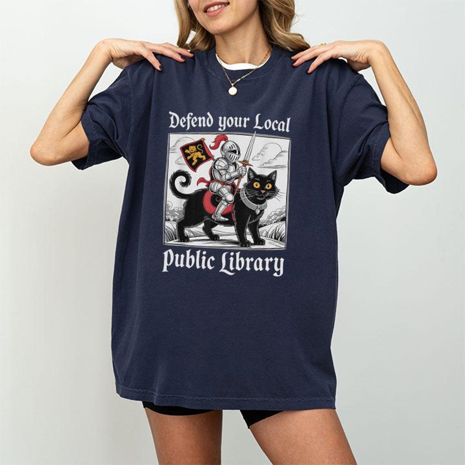 Defend Your Local Public Library Funny Knight Cat T-Shirt 2XL