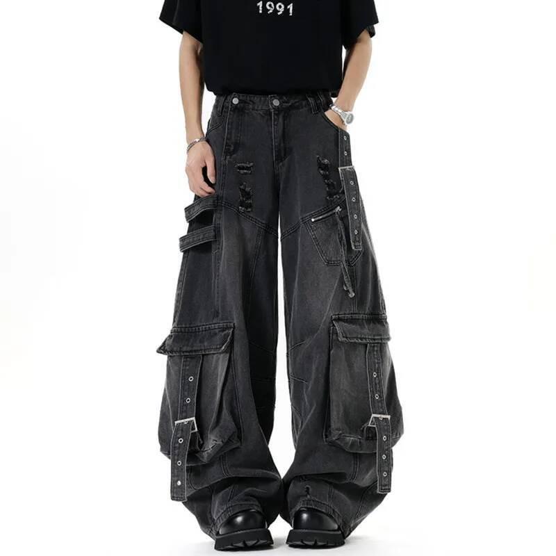 BeatStreet Herren Jeans Amerikanischer Stil Einfarbige Mehrere Taschen Lässige Abgetragene Hose Dekonstruktion Weiter Bein Jeanshose