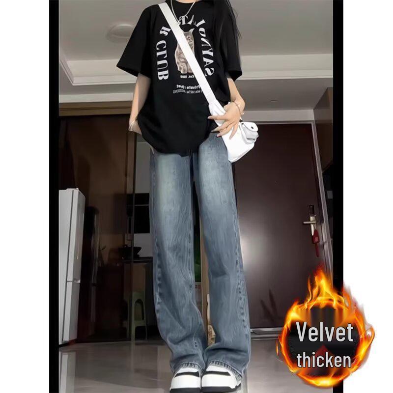 

Женские зимние ретро синие джинсы с высокой посадкой и широкими штанинами - Стройнящие, увеличивающие рост, прямые брюки для миниатюрных 5XL