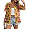 Womens Loose Fit Short Sleeve Printed Shirt Casual Vacation Style Collared Open Front Top