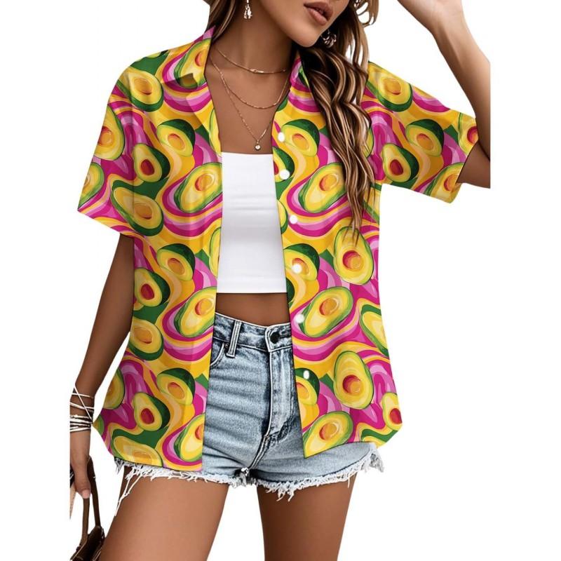 Womens Loose Fit Short Sleeve Printed Shirt Casual Vacation Style Collared Open Front Top