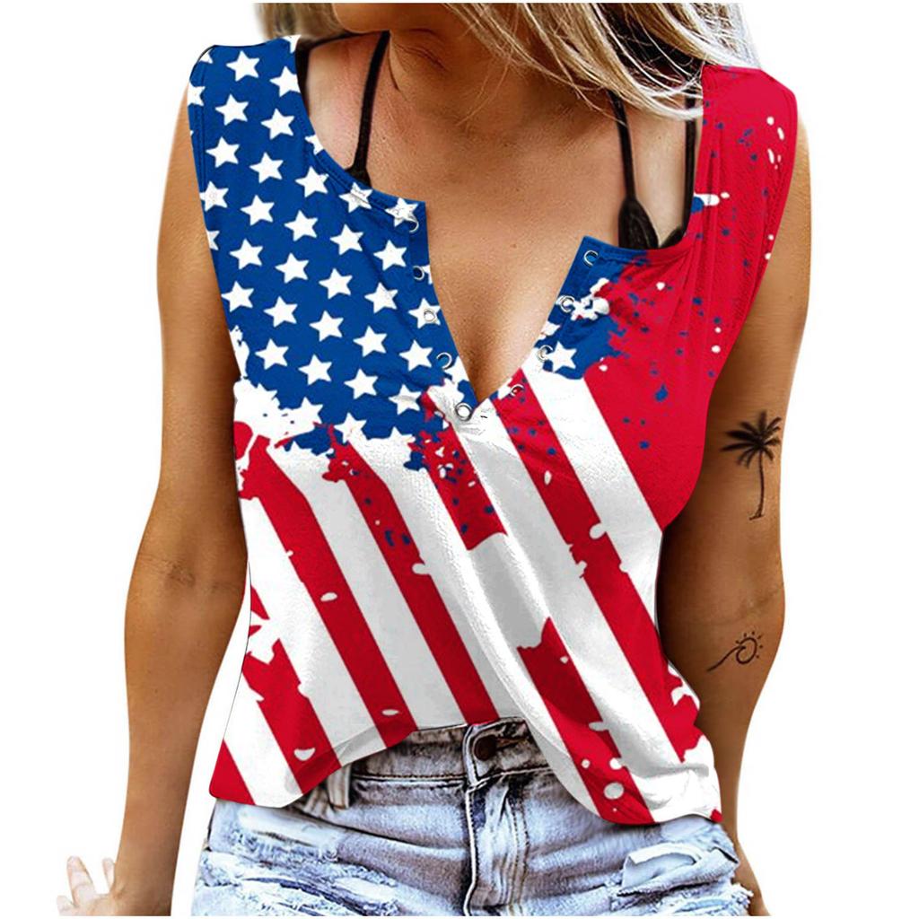 Tancuri pentru femei Sexy cu decolteu în V Topuri de vară fără mâneci Vestă Imprimare 3D Topuri cu pentagramă de camuflaj roșu