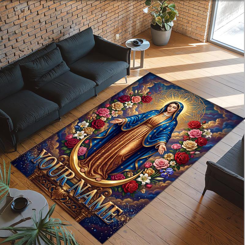 Virgin Mary Theme Crystal Velvet Rug Personalized Custom Name Text Soft Floor Mat Home Decor