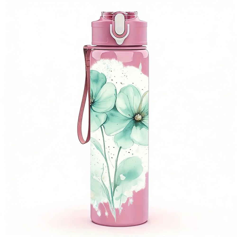 1PC Light Green Flower Watercolor Print 750ml Color Plastic Sports Water Bottle Leakproof Flip Straw Lid Suitable for Sports Office Home Use