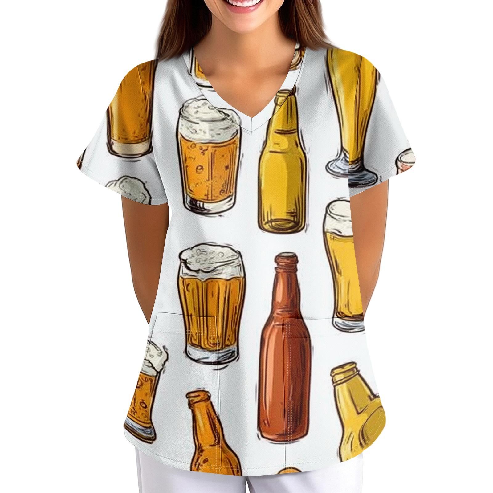 Women Loose Fit V Neck Short Sleeve Medical Scrub Top with Pocket Beer Mug Print Suitable for Healthcare and Nursing Uniforms L белый