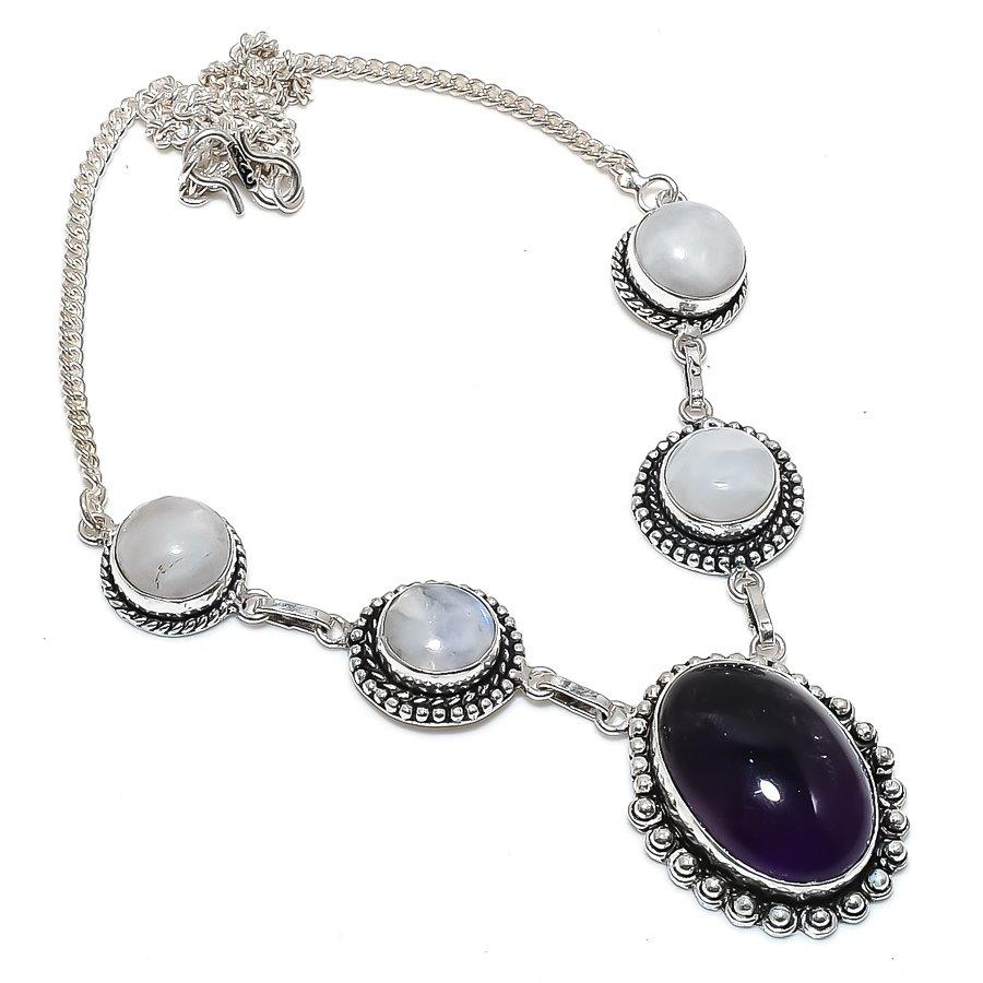 Natural Sage Amethyst, Moonstone 925 Sterling Silver Jewelry Necklace 18" D1e47
