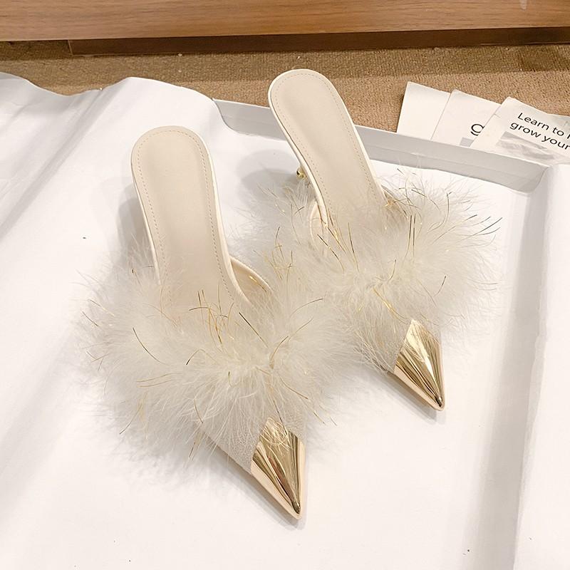 2024 NEW Summer Women Pump Feather Heels Fashion Simple Wind Mule Slippers Women's Slide Stiletto Heels Shoes for Women  Heels