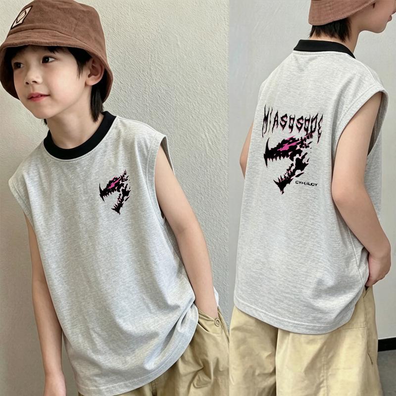 Korean Style Boys' Cotton Cartoon Color Block Sleeveless T-Shirt, Ages 6-12, New Summer Patchwork Vest Top