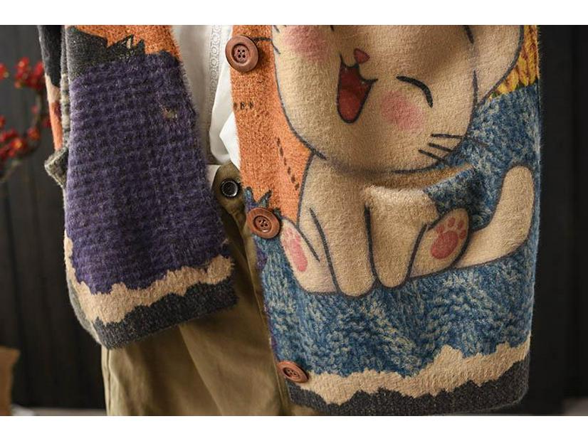 Vintage Autumn Winter Faux Mink Print Cardigan - Women's Loose Slimming Long Sleeve Knit Top