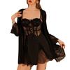 Women's Sheer Mesh V Neck Underwire Push Up Padded Sleep Dress with Robe Set