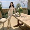 Sexy Hollow Pleated Mesh Slim Fit Semi-transparent Blouse Long Dress Fairy Island Vacation Dress