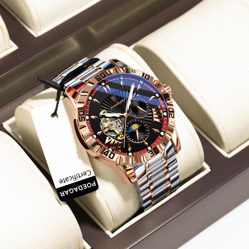 POEDAGAR Luxury Men Clock Hollow Tourbillon Automatic Mechanical Watch Waterproof Luminous Stainless Steel Watches+Box