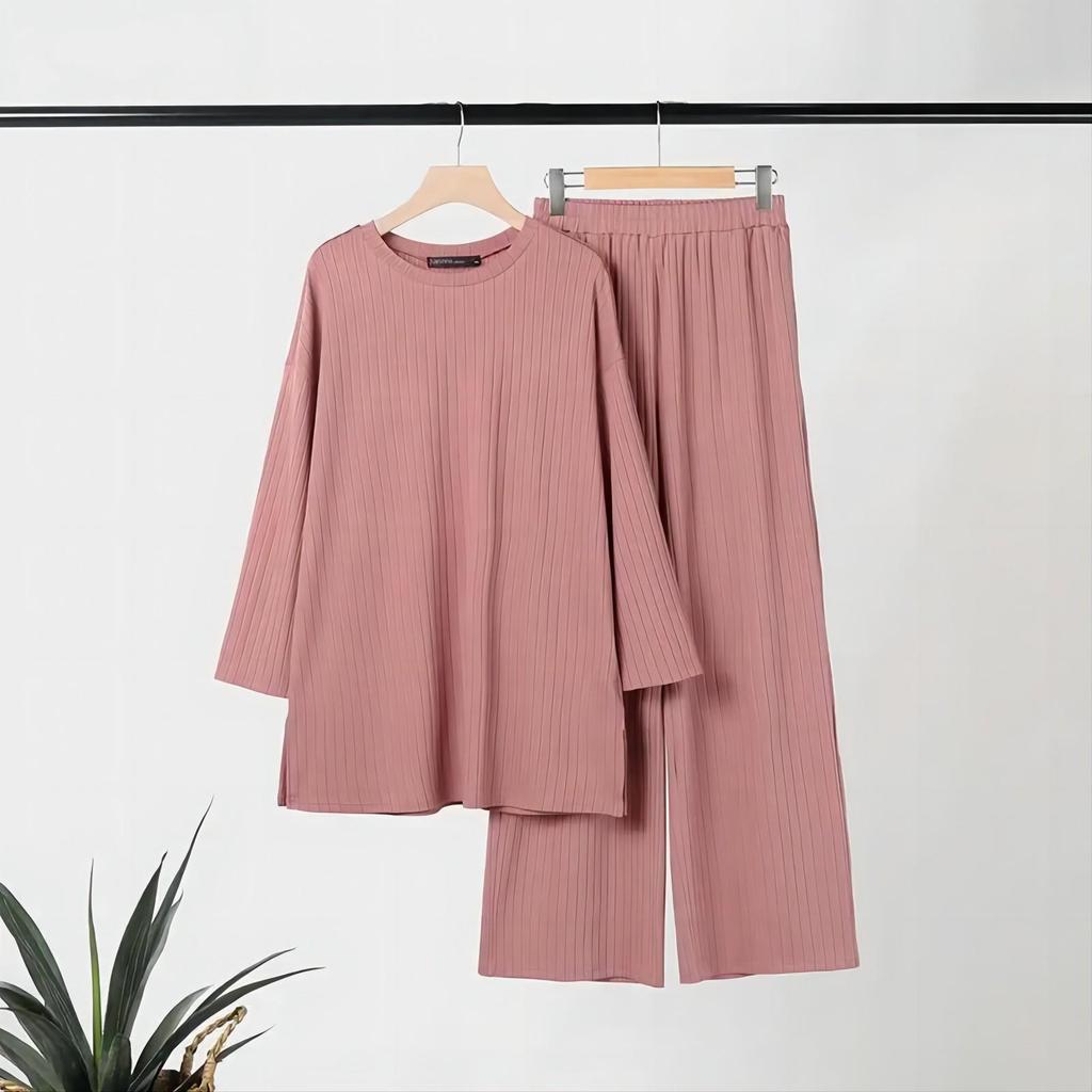 2023 Autumn/Winter Women's Long-Sleeve Top & Wide-Leg Pants Solid Color 2-Piece Casual Sportswear Set