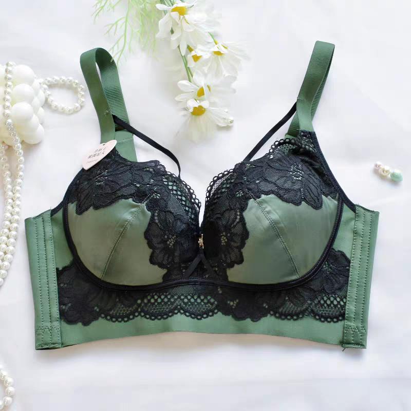 Sexy Kontrasterende Blonder Brystjusterings-BH-sett for Liten Byste Samlet Middelstykke Kopper Sideforhold Brystkontroll