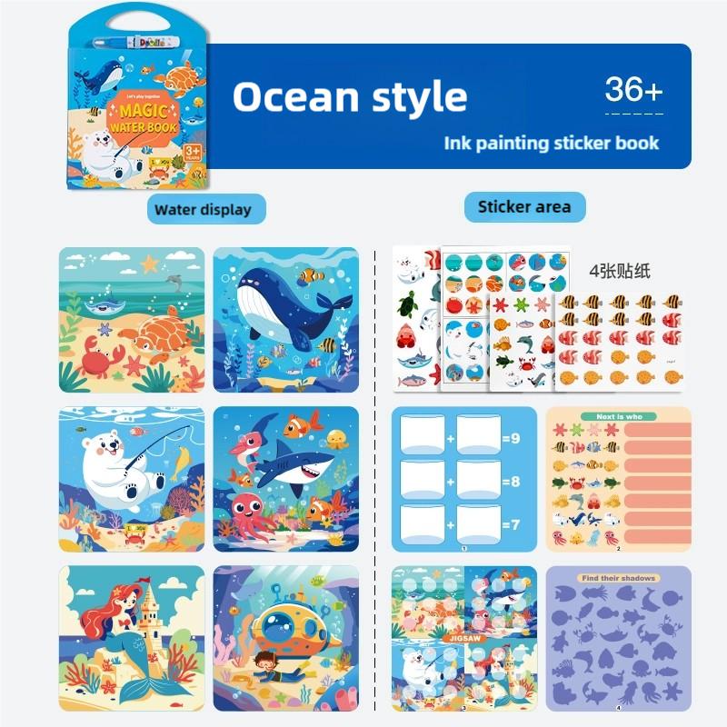 Neues 2-in-1 wiederverwendbares Malbuch Wassermalaufkleber Puzzles Spielbuch Sensorisch für Früherziehung Puzzle Malspielzeug