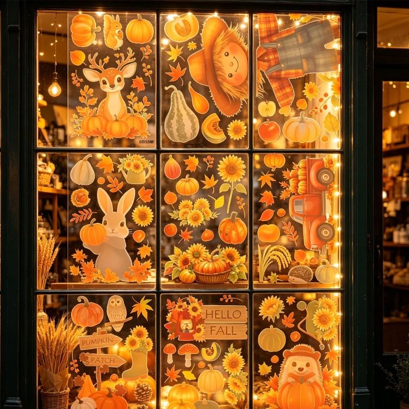 9 Sheets PVC Thanksgiving Glass Clings with Sunflowers, Pumpkins, Fall Message Signs and Animal Motifs for Smooth Glass Displays in Homes, Offices and