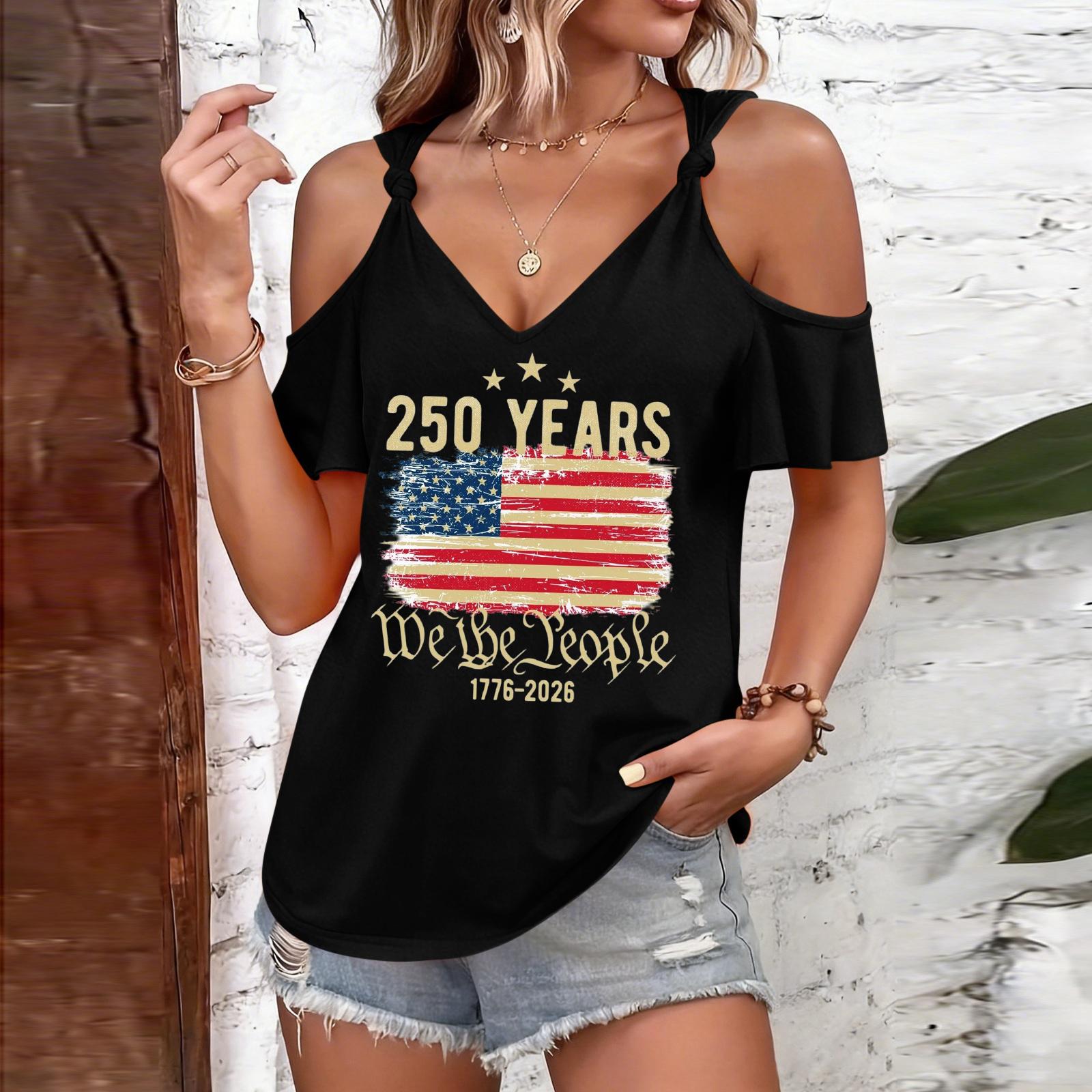 

Women’s Casual Cold Shoulder Short Sleeve Top with 250 Years We The Print and Tie Strap Round Neck for Summer Fashion Wear L чёрный